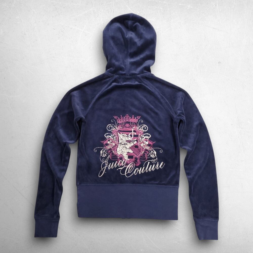 Juicy Couture Cropped Velour‎ Zip Hoodie Women S Dark Blue Embellished Crest